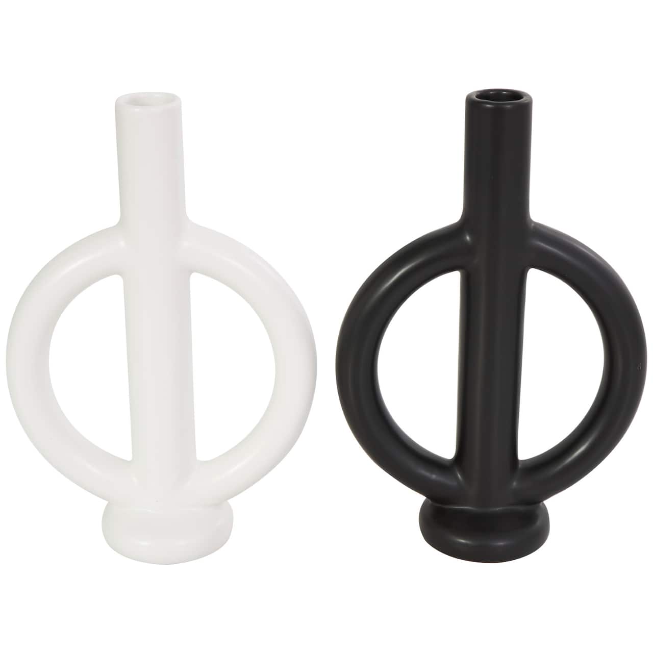 CosmoLiving by Cosmopolitan 10" Black & White Ceramic Geometric Ring Taper Candle Holder Set
